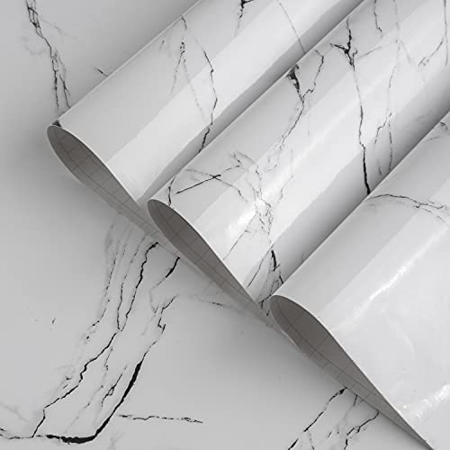 TOTIO Black and White Marble Wallpaper Glossy Thicken 16x708in Granite Look Waterproof Wall Paper Rolls Peel Stick Countertop Contact Paper DIY Adhesive Furniture Stickers Kitchen Table Vinyl Wrap - color: White, size: 16" x 708"