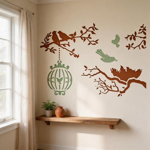 TIAMECH A4 Reusable Birds Tree Birdcage Stencil for Painting - style: Birdcage Bird