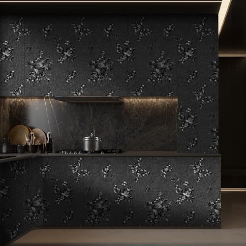 Black Floral Peel and Stick Wallpaper Modern Textured 17.3 x 196.9in - color: Black, size: 17.3" x 196.9"