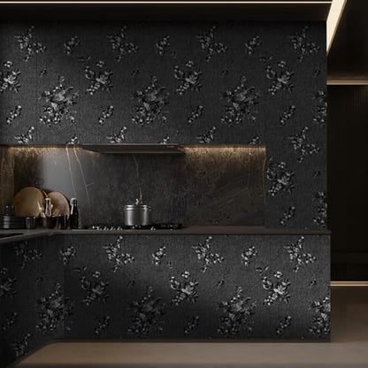 Black Floral Peel and Stick Wallpaper Modern Textured 17.3 x 196.9in - color: Black, size: 17.3" x 196.9"