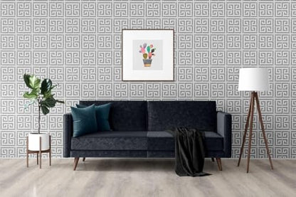 AMINAH DECO 17.7"x236.0"Greek Key Peel and Stick Wallpaper - color: Silver White