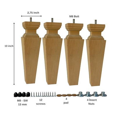 10 Inch Square Solid Beech Wood Replacement Furniture Legs, Set of 4, Wooden Feet Mid Century Modern, Unfinished Legs for Sofa, Couch, Armchair, Ottoman, Cabinet, TV Stand, Dresser - size: 10" / 25cm