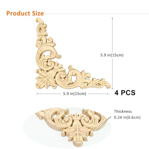 Wood Appliques 4PCS 5.9in Corner Onlays Carved Furniture Cabinet Decor - size: 5.9 inch