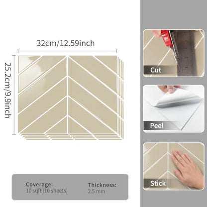 10 Sheets Thicker Herringbone Peel and Stick Backsplash(Beige,12.6”x9.9”) - color: Beige