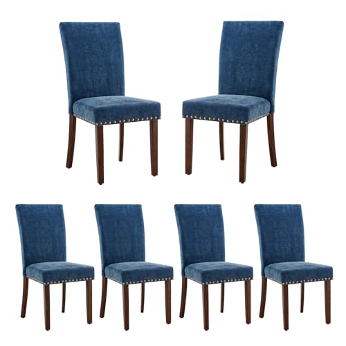 COLAMY Upholstered Parsons Dining Chairs Set of 6, Fabric Dining Room Kitchen Side Chair with Nailhead Trim and Wood Legs - Dark Blue - color: F-darkblue, size: Set of 6