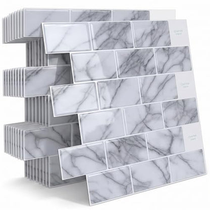 Arttown Peel and Stick 3D Wall Backsplash 10-Sheet, 12" × 12" Marble White - color: White Marble, size: 10PC 12"x12"