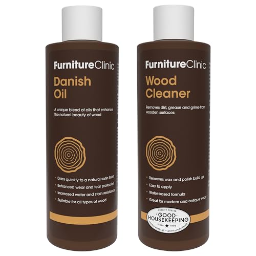 Furniture Clinic 250ml Danish Oil + 250ml Wood Cleaner | Wood Oil & Cleaner for Furniture | Restore, Seal & Protect Oak, Pine, Teak & More | Non-Toxic Satin Finish | Repel Water, Stains, & Dirt