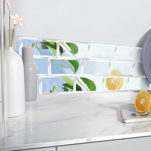 40 Pcs Peel and Stick Beveled Mirror Glass Tile.6x3 Inch Mirror Backsplash Tiles. Cute Mirror Strip Tile for Kitchen, Bathroom Wall. 40 Pcs - size: 6x3 Inch ( 40 Pack )