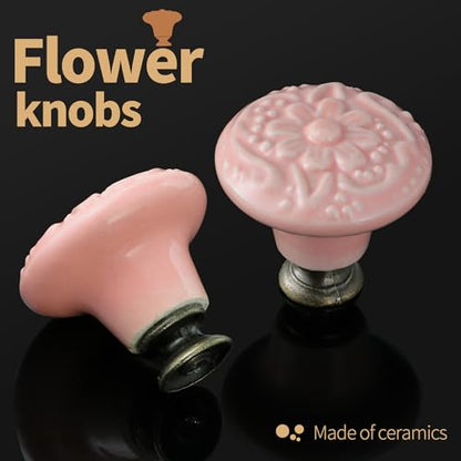 Ceramic Cabinet Knobs, Embossed Floral Design - Pink, 20pcs - color: Pink