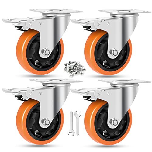 W B D WEIBIDA 4 Inch Swivel Casters with Brake Set of 4 Heavy Duty of 1200 lbs, Safety Dual Locking Plate Castors, No Noise Wheels for Furniture, Workbench and Carts(Nuts & Bolts & 2 Spanners) - size: 4 INCH