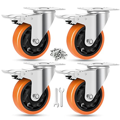 W B D WEIBIDA 4 Inch Swivel Casters with Brake Set of 4 Heavy Duty of 1200 lbs, Safety Dual Locking Plate Castors, No Noise Wheels for Furniture, Workbench and Carts(Nuts & Bolts & 2 Spanners) - size: 4 INCH