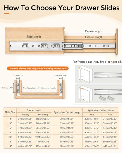 Gobrico Soft Close Drawer Slides 22 inch 10 Pair，Drawer Slides 3 Fold, Hardware Cabinet Drawer Slides Full Extension Drawer Glides, Heavy Duty Hydraulic Self Close Rails, Side Mount Ball Bearing - size: 22inch Drawer Slides