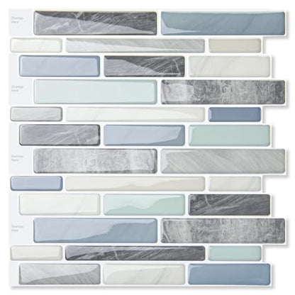 LONGKING Self-Adhesive Kitchen Backsplash, Marble Look Decorative Tiles (10 Tiles) - color: Blue