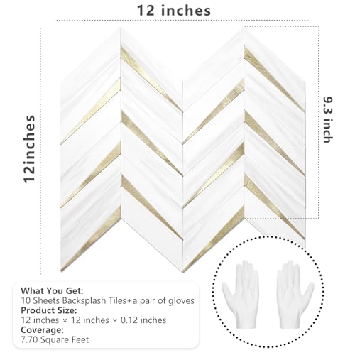 STICKGOO Herringbone Tile Peel and Stick Backsplash for Kitchen&Bathroom - color: Dolomite White Mixed Light Gold