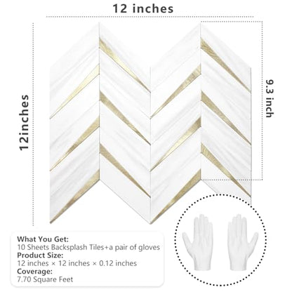 STICKGOO Herringbone Tile Peel and Stick Backsplash for Kitchen&Bathroom - color: Dolomite White Mixed Light Gold