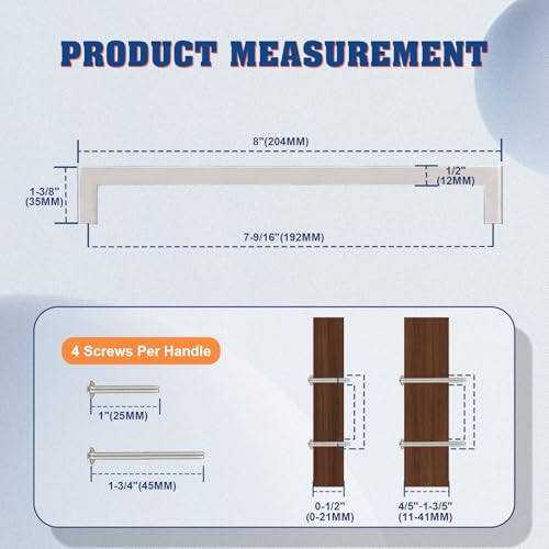 KNOBWELL 20 Pack 7-9/16" Square Kitchen Cabinet Pulls Brushed Nickel, Dresser Drawer Pulls Satin Stainless Steel T Bar Bathroom Vanity Handles 8 Inch Length - color: Brushed Nickel, size: Hole Center:7-9/16 inch(192mm)