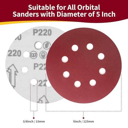 50 PCS 5 Inch 8 Hole Sanding Discs, Adhesive Hook and Loop Sandpaper for Random Orbital Sander, 60 80 120 180 220 320 Grit Sand Paper, Polishing and Derusting - size: 5 Inch - 50 Pcs