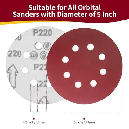 50 PCS 5 Inch 8 Hole Sanding Discs, Adhesive Hook and Loop Sandpaper for Random Orbital Sander, 60 80 120 180 220 320 Grit Sand Paper, Polishing and Derusting - size: 5 Inch - 50 Pcs