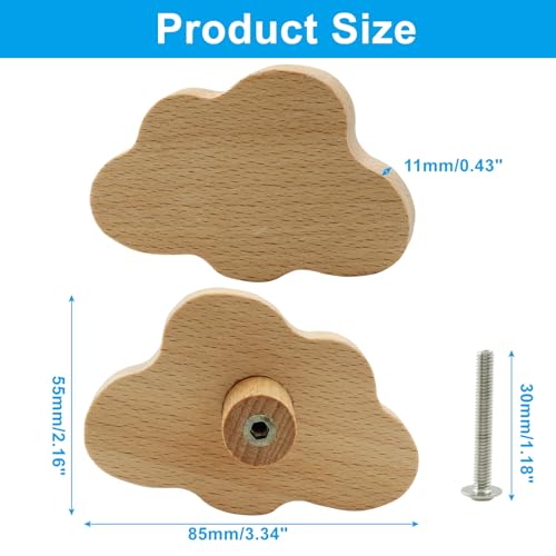 Cloud Shaped Wooden Knobs, Large, 85 x 55 mm, 6Pcs - size: 85 x 55 mm