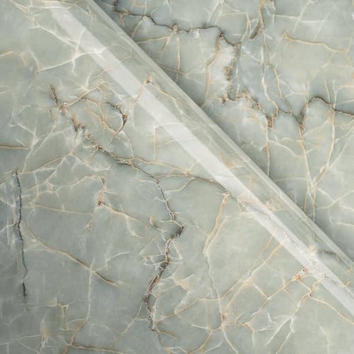 LACHEERY 160 x 24 inch Marble Grey Green Contact Paper Decorative Peel and Stick Wallpaper Roll Removable Wallpaper Waterproof Marble Countertop Contact Paper for Kitchen Island Backsplash Desk Table - size: 24" x 160"