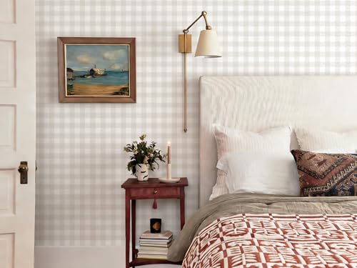 Plaid Wallpaper Neutral Wallpaper 196"×17.3" Checkered Wall Paper Peel and Stick Modern Beige Contact Paper for Cabinets Vinyl Renter Friendly Waterproof Self-Adhesive Bathroom Kitchen Bedroom - color: Beige and White, size: 17.3" x 196"