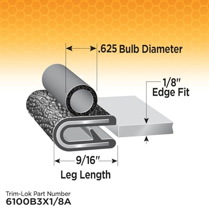 TRIM-LOK Trim Seal, Edge Trim with Side Bulb, Fits 0.625-Inch Bulb, 1/8-Inch Edge, 25-Foot Length, Black Pebble Finish, Flexible PVC Plastic Trim with EPDM Rubber Weather Stripping - style: 0.625" Bulb, 1/8" Edge, 9/16" Leg, 25 Feet