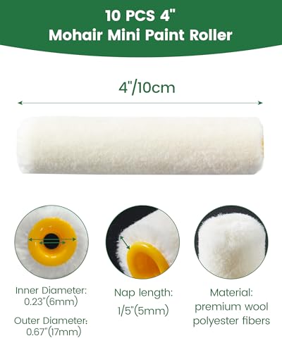 Voomey Mohair Mini Paint Roller 4 Inch Wool Blend Covers 10 Pack - style: 4 inch（Mohair Mini Paint Roller） 10 pack
