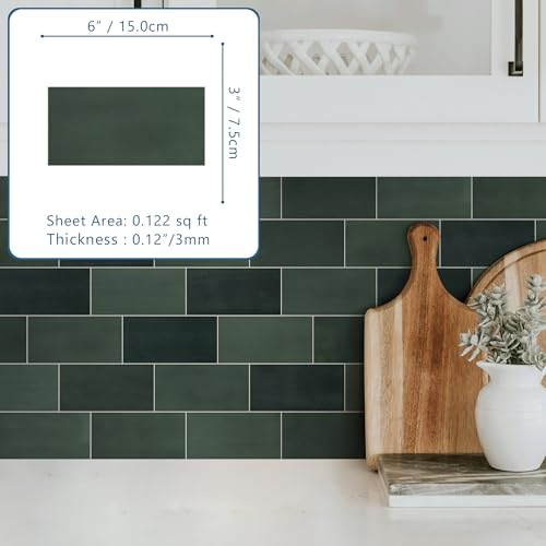 100-Sheet Subway Peel and Stick Backsplash Tile, 6" x 3" Green Mixed Stone Composite Handmade Looks Self Adhesive Waterproof Wall Tile, Stick on Tiles for Kitchen Bathroom - color: Green Mixed, size: Subway