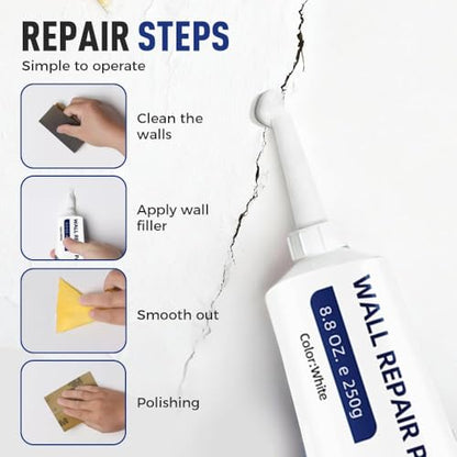 Wall Repair Pastes, Wall Repair Kit with Scraper Squeeze Nozzle, Wall Mending Agent for Filling Cracks and Holes
