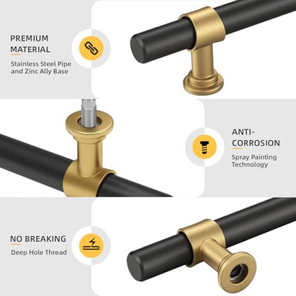 Goldenwarm 10 Pack Black and Gold Cabinet Pulls, 3 Inch T Bar Handles - color: Black&Gold, size: 3 in Hole Center (76mm)