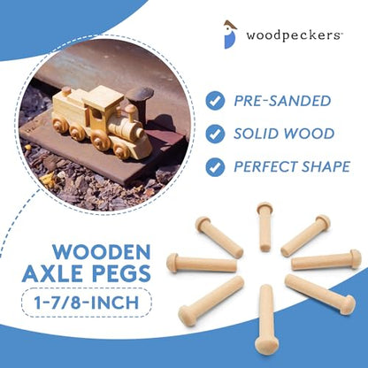 Wood Axle Pegs 1-7/8-inch, Pack of 25 Mini Wooden Pegs for Wood Train Craft, Fits 3/8-inch Hole Wooden Wheels for Crafts, by Woodpeckers - size: 1-7/8 inch