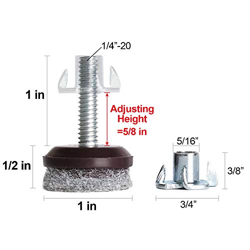 Anwenk Furniture Levelers Adjustable Furniture Feet Leveling Table Chair Levelers T-Nut Leg Levelers with High-Density Felt, 1/4-20x1" Threaded Shank T-Nuts,12 Pack - color: T-nut Brown 12p