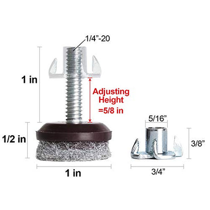 Anwenk Furniture Levelers Adjustable Furniture Feet Leveling Table Chair Levelers T-Nut Leg Levelers with High-Density Felt, 1/4-20x1" Threaded Shank T-Nuts,12 Pack - color: T-nut Brown 12p