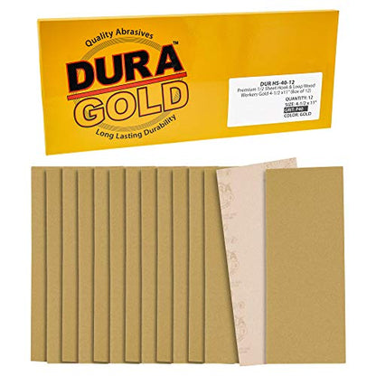 Dura-Gold Premium 1/2 Sheet Gold Sandpaper Sheets, 40 Grit (Box of 12) - size: 40-Grit