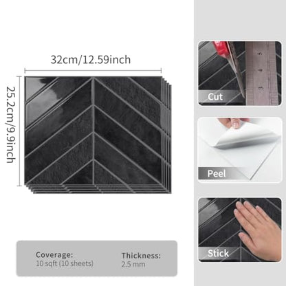 10 Sheets Thicker Herringbone Peel and Stick Backsplash - color: Grey Black