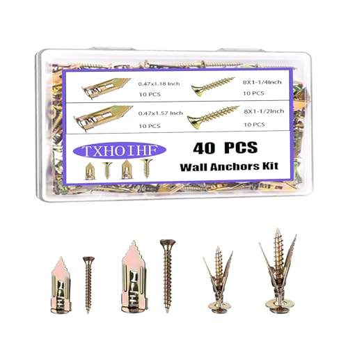 Self Drilling Drywall Anchors with Screws Kit 40Pcs - 2 Size Sheetrock Anchors & 2 Sizes Screw Sizes New Upgraded Zinc Plated Steel No Drill or Holes in Wall for TV, Wall Hanging, Cabinets - size: MDZT-40PCS