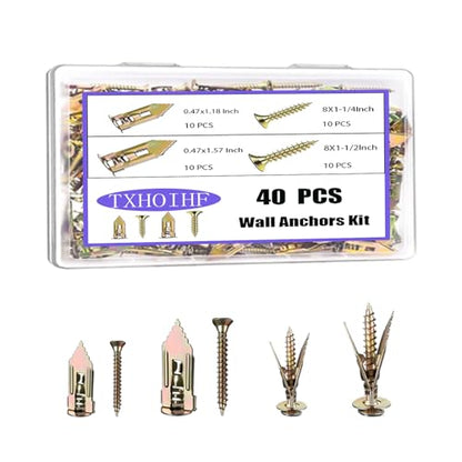 Self Drilling Drywall Anchors with Screws Kit 40Pcs - 2 Size Sheetrock Anchors & 2 Sizes Screw Sizes New Upgraded Zinc Plated Steel No Drill or Holes in Wall for TV, Wall Hanging, Cabinets - size: MDZT-40PCS