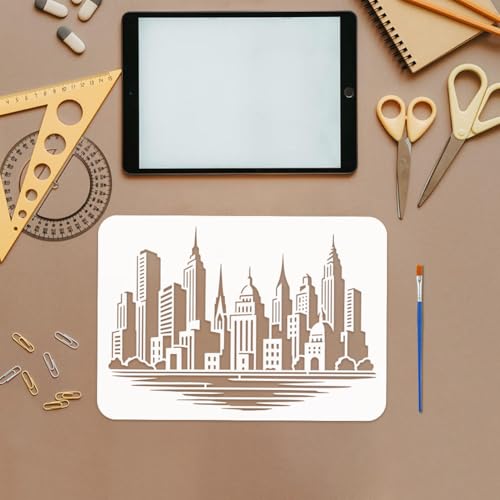 FINGERINSPIRE The City Skyline Painting Stencil with Paint Brush 8.3x11.7inch Reusable Building Pattern Drawing Template Plastic PET Construction Lake Stencil Architecture Theme Template for Decor - style: The City Skyline