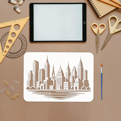 FINGERINSPIRE The City Skyline Painting Stencil with Paint Brush 8.3x11.7inch Reusable Building Pattern Drawing Template Plastic PET Construction Lake Stencil Architecture Theme Template for Decor - style: The City Skyline