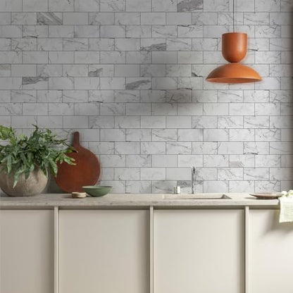 Vamos Tile 100-Piece Glossy Statury White Peel and Stick Backsplash Tile - color: Statury White with Dark Gray Grout