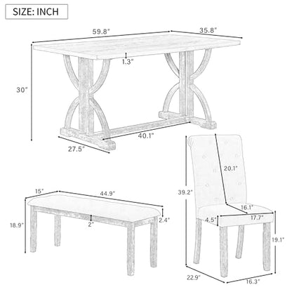 6-Piece Dining Table Set with 4 Upholstered Chairs and Bench, Gray Wash - color: Gray Wash