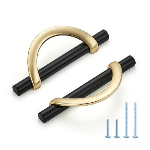 Brushed Gold & Matte Black Cabinet Pulls Curved, 3-3/4 Inch/96 mm, 10 Pack - color: Brushed Brass & Matte Black, size: 3-3/4 Inch Hole Center