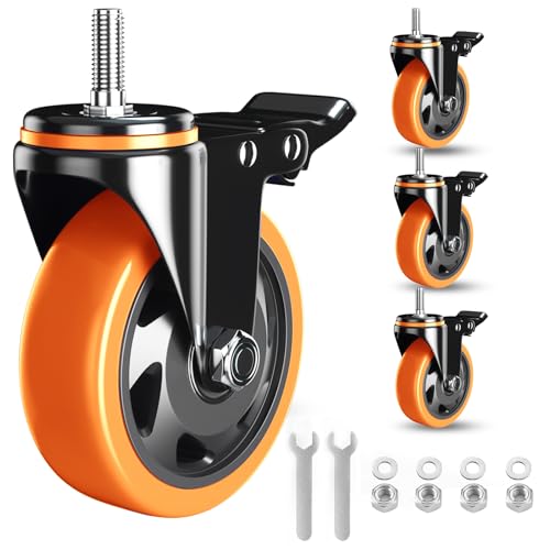 Caster Wheels Heavy Duty 3" Locking Caster Set of 4 Threaded Stem 1/2" - color: Orange, size: 3in(1/2"-13)