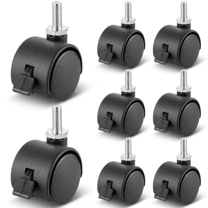 BBTO 8 Pcs 1 Inch M6 Swivel Stem Casters Wheels Replacement, M6 Threaded Stem Caster with Brake, Heavy Duty 360° Standing Desk Wheels, No Noise, Black Nylon, for Cart Furniture Table Cabinet Shelf - size: 1 Inch X M6 x 15 mm, style: Threaded, with Brake