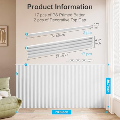 Art3d 79.3 x 40.7 Inch Beaded Wainscoting Wall Panel, 22.38 sq.ft, White - color: White, size: 79.3"x40.7"