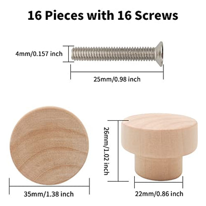 16PCS Wood Dresser Knobs Unfinished Wooden Cabinet Drawer Pulls 35mm - color: Flat Top Unfinished, size: 16 Pieces