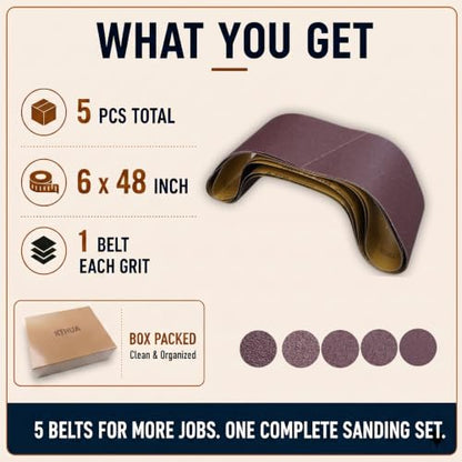 6x48 Sanding Belts, 5 Pack, 1 Each of 80/120/150/240/400 Grits - size: 6 x 48 in, 5-Pack