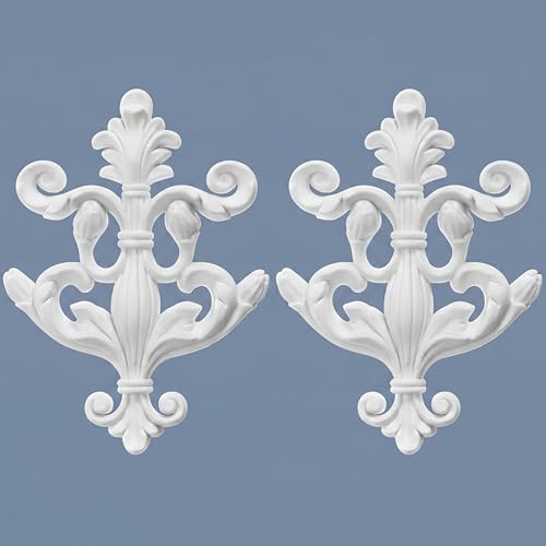 2 PCS Baroque Style Flower Carved Onlay Applique White PVC Appliques for Furniture Decorative 3D Symmetrical Furniture Decorative for Cabinets Dressers Mirrors DIY Home(Fresh) - style: Fresh