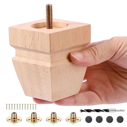 Unfinished Oak Sofa Legs - Heavy Duty Mid Century Solid Wood Replacement Furniture Legs Set of 4 for Couch, Table, Bench, Bed, Dresser, Chair - with Installation Hardware (Natural 3"H*2.75"W) - color: Plain Wood Color, size: 3"H*2.75"W