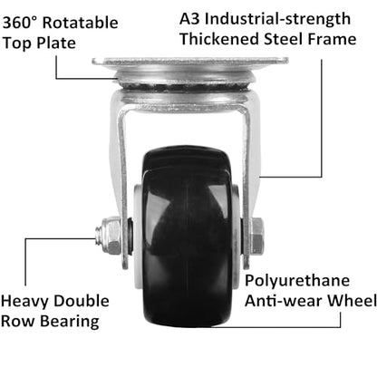 Finnhomy Swivel Casters Wheels Set of 4 Heavy Duty Plate Casters 2 Inch Premium Polyurethane PU Wheels for Furniture/Workbench Load Bearing 800 Lbs Anti-wear Smooth Casters Black (Free Screws) - style: 2" (No Brake)